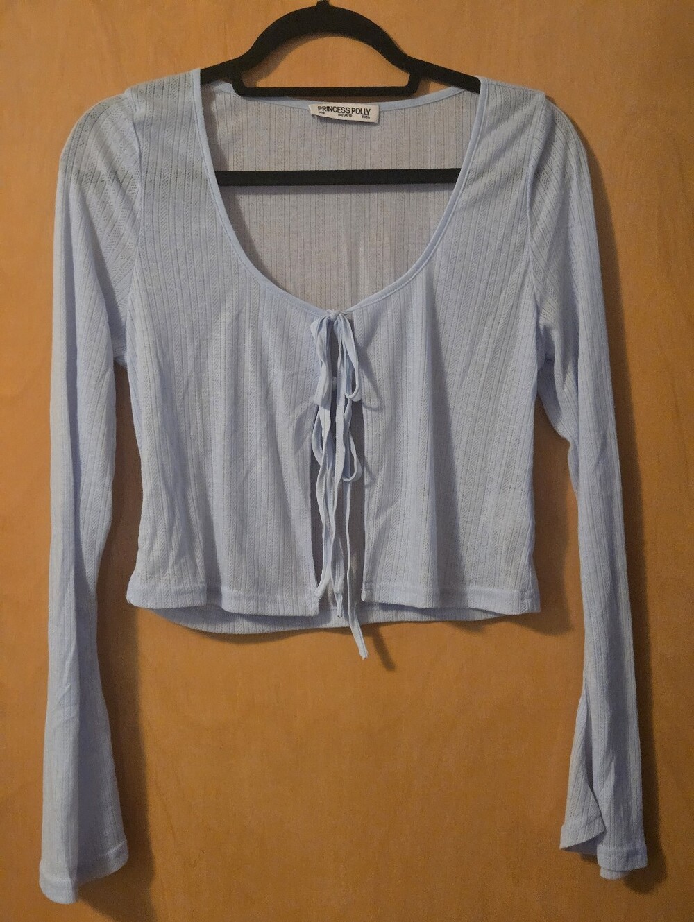 Princess Polly Pale Blue Ribbed Tie-Front Long Sleeve Top